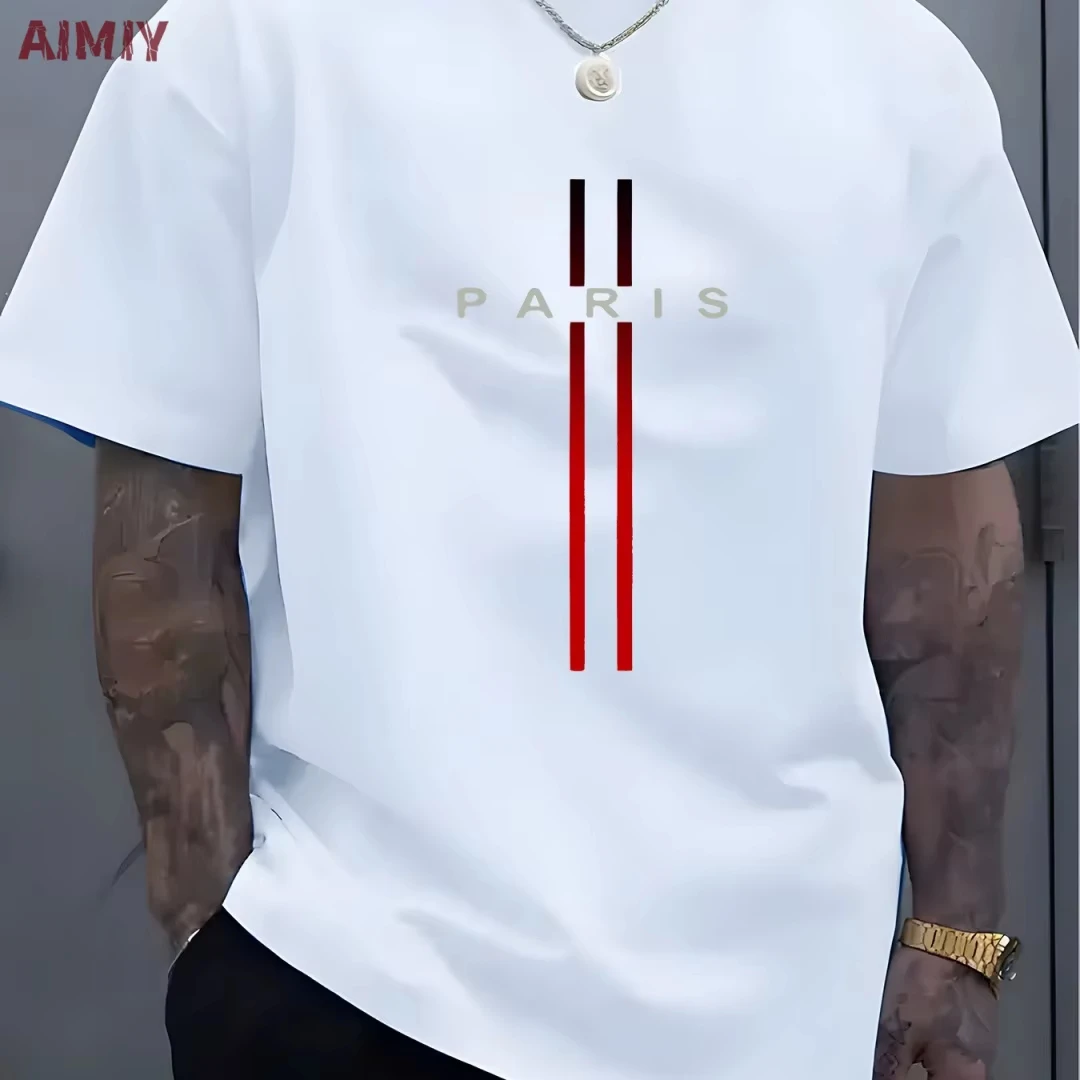T-shirt d'été pour homme, coupe décontractée ample, motif imprimé lettres PARI, col rond, manches courtes, Vêtement Homme