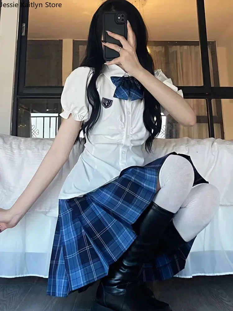 Korean And Cosplay Sweet School Plaid Japanese Uniform Cute Shirt Kawaii Set White Women Pleated Anime Girl