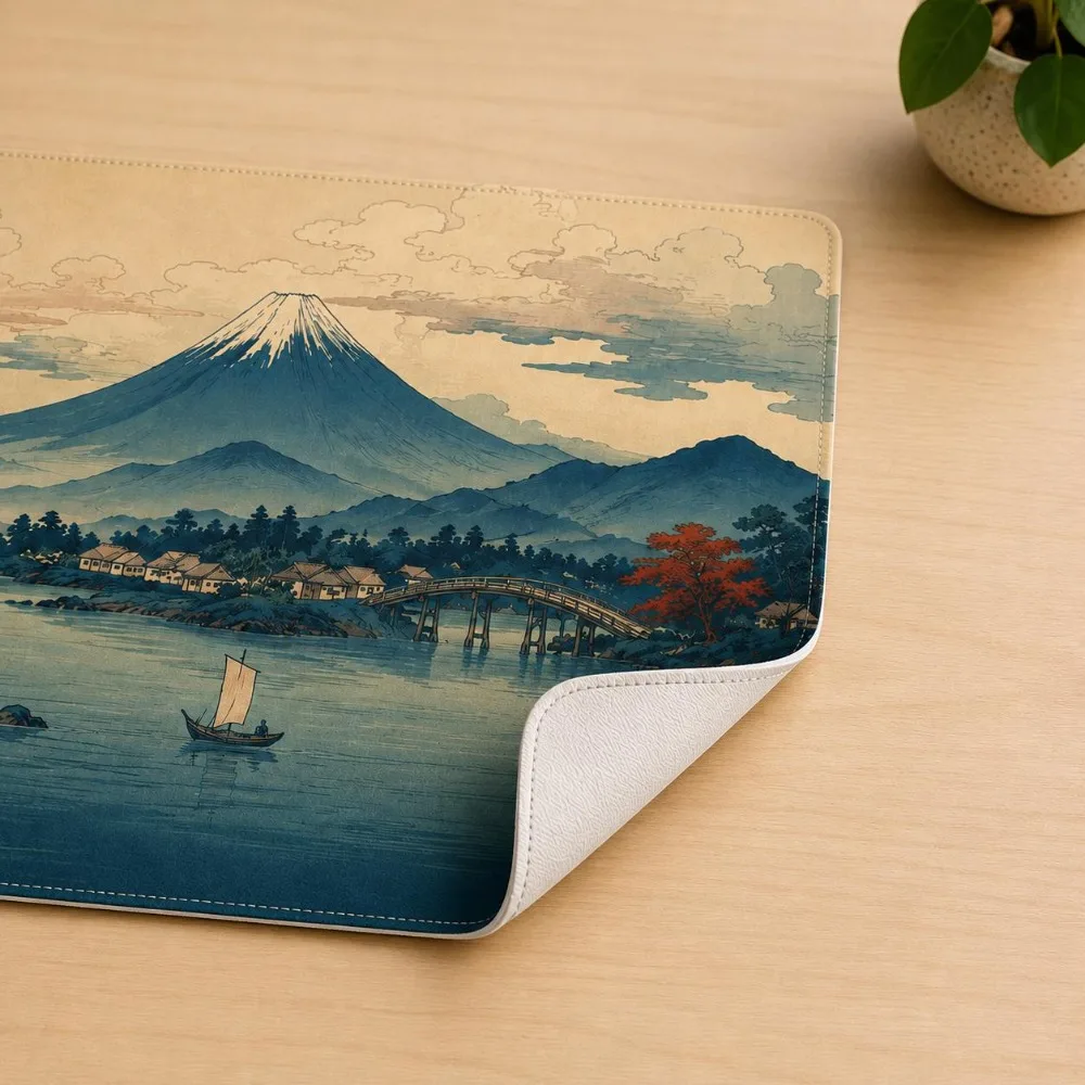 Vegan Leather Desk Mat, Ukiyo-e Mount Fuji Mouse Pad, Vintage Japanese Art Keyboard Pad, Zen Desk Decor, Retro Asian Aesthetic