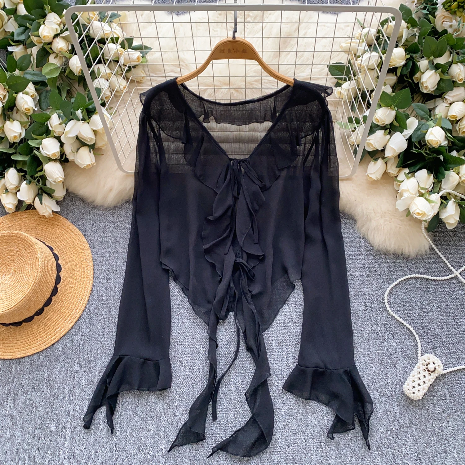 

Шифоновая солнцезащитная одежда, кардиганы, женские рубашки, пальто, укороченный топ с бантом и длинными рукавами, прозрачная блузка с рюшами, весна, лето, осень