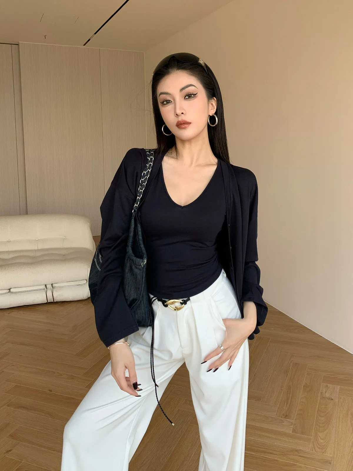 

Черный вязаный комплект из двух предметов с длинным рукавом и V-образным вырезом, облегающий, универсальный, повседневный, женский, осенний, модный, верхняя одежда, топ