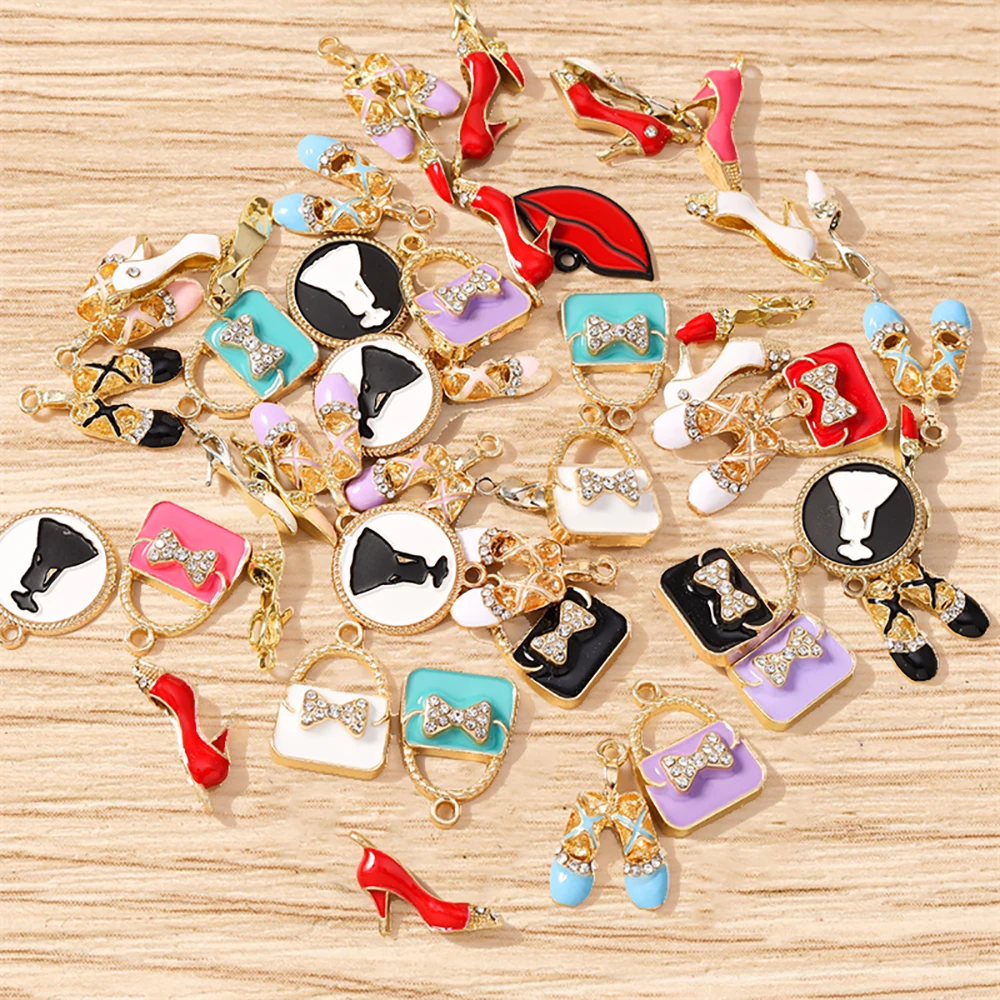 

Tusember 10pcs Cute Crystal Lips Handbag Ballet Shoes High Heel Charms Pendant for Necklaces Earrings Bracelets Craft
