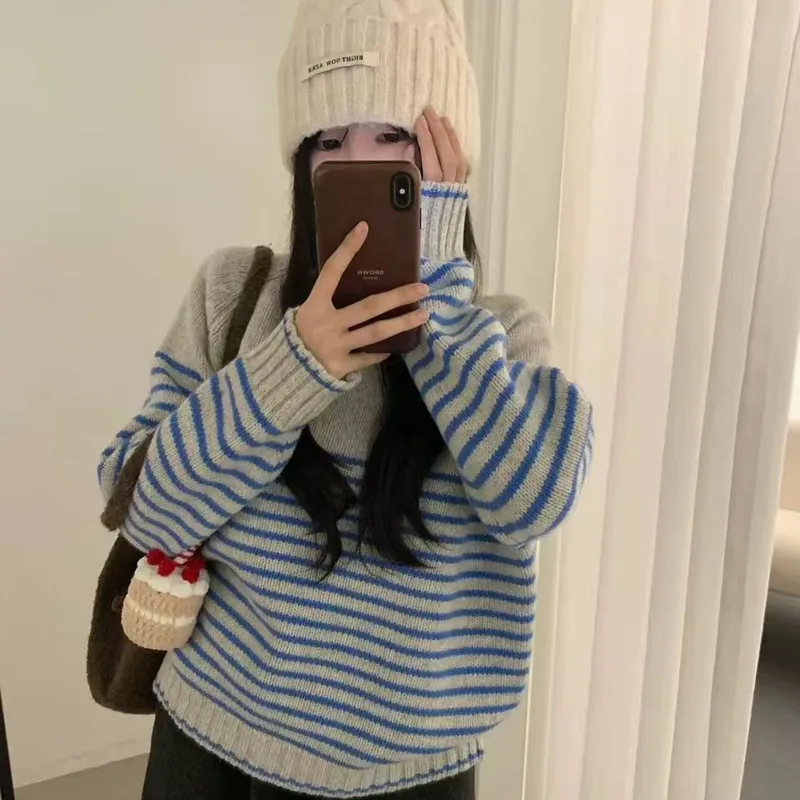Women's sweater for autumn and winter100% pure wool round neck pullover casual striped knitted sweater loose and fashionable top