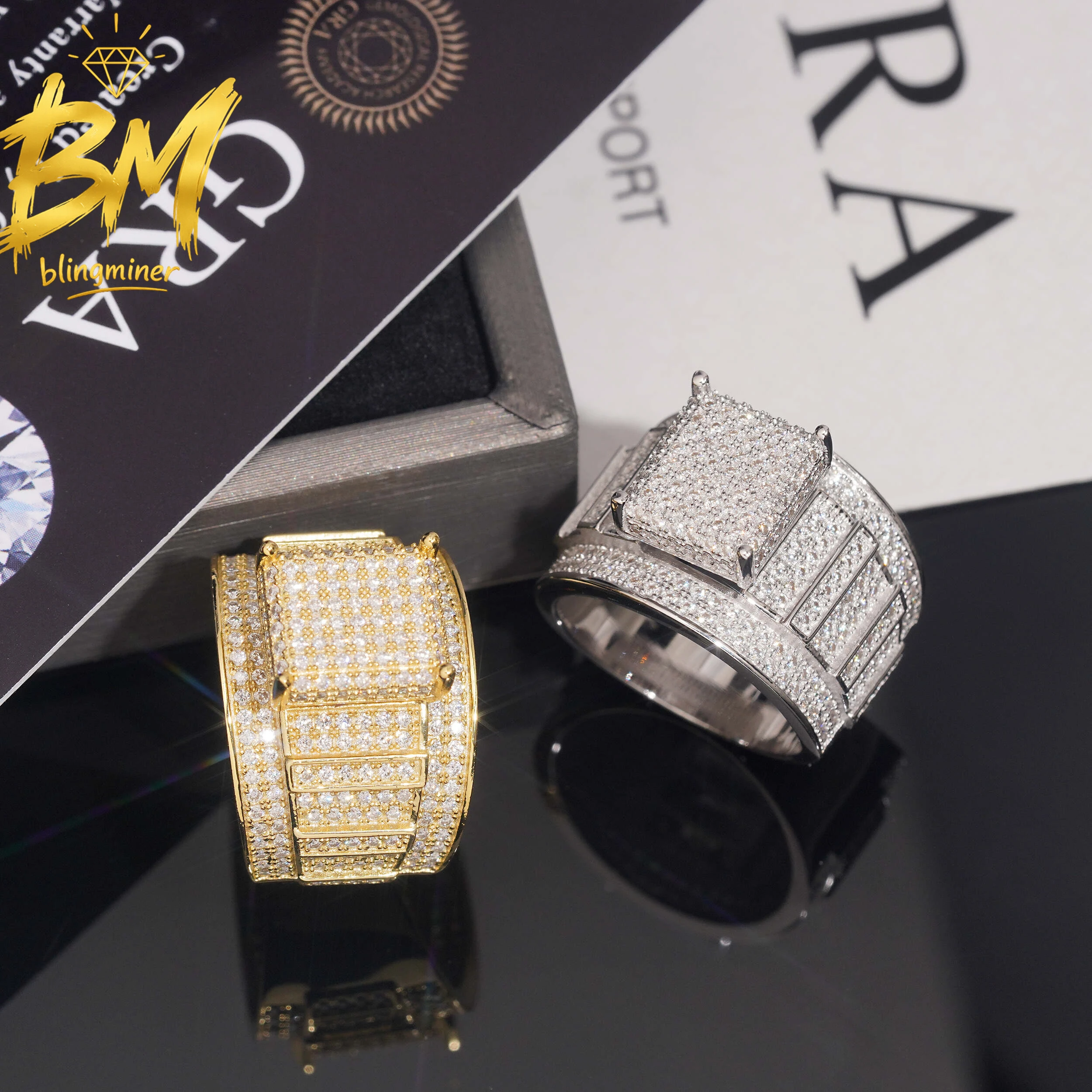 Blingminer Round VVS Moissanite Rings For Men Women S925 Silver Iced Out Finger Jewelry Pass Diamonds Tester GRA Free Shipping