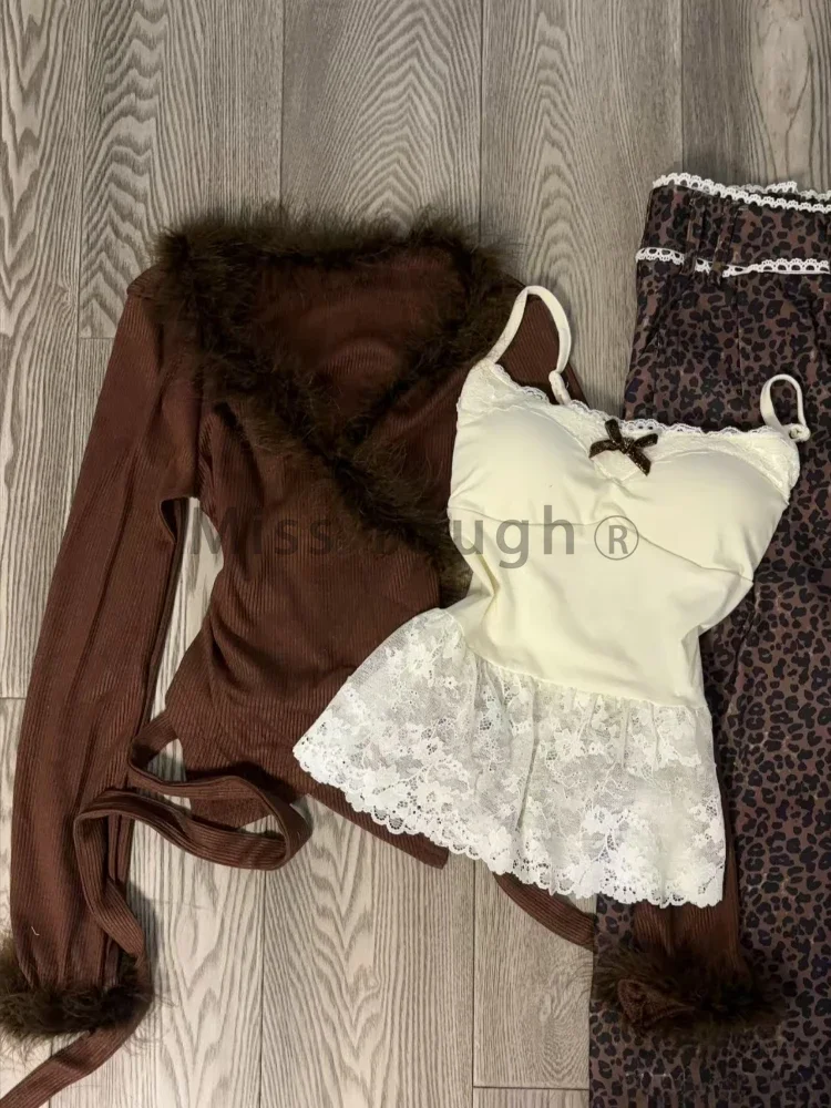 Autumn Winter Chic Thin Knit 3-piece Set Women France Design Long Sleeve Knitwear + Bow Lace Sling Leopard Print Trousers New