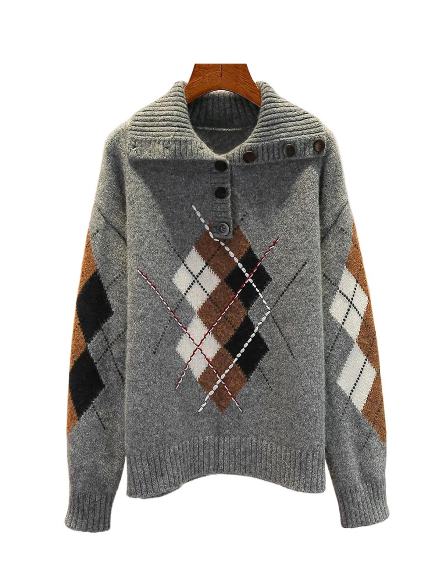 Lässiger, lockerer Strickpullover mit Kragen und Rautenmuster. Premium Faion Herbst-Winter-Top für Damen von Nu