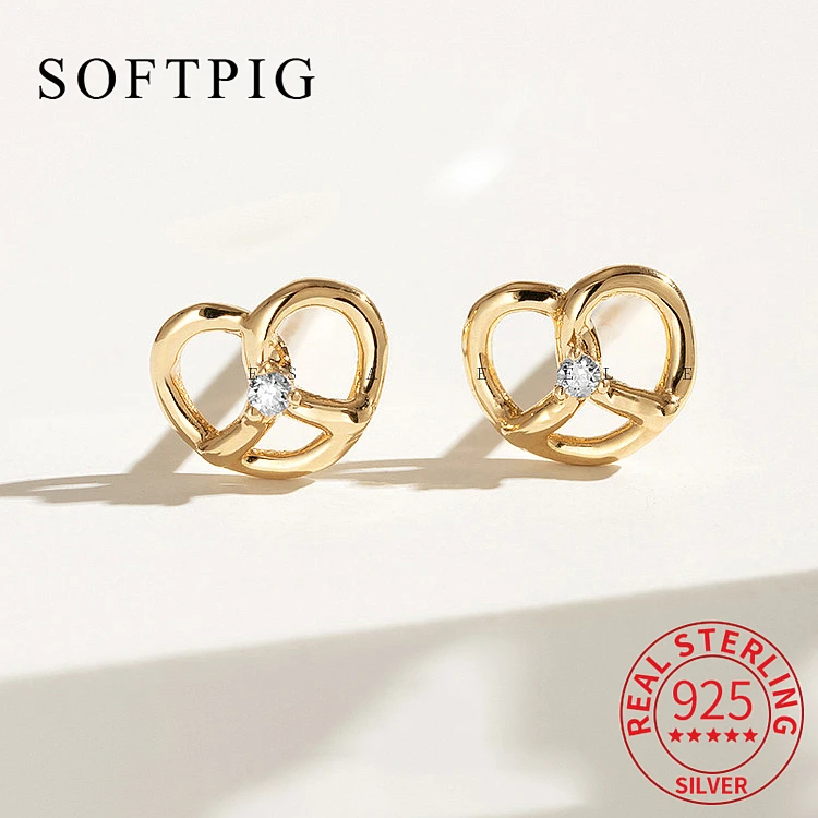 

SOFTPIG Real 925 Sterling Silver Hollow Zircon Heart 18K Stud Earrings for Women Cute Fine Jewelry Minimalist Accessories