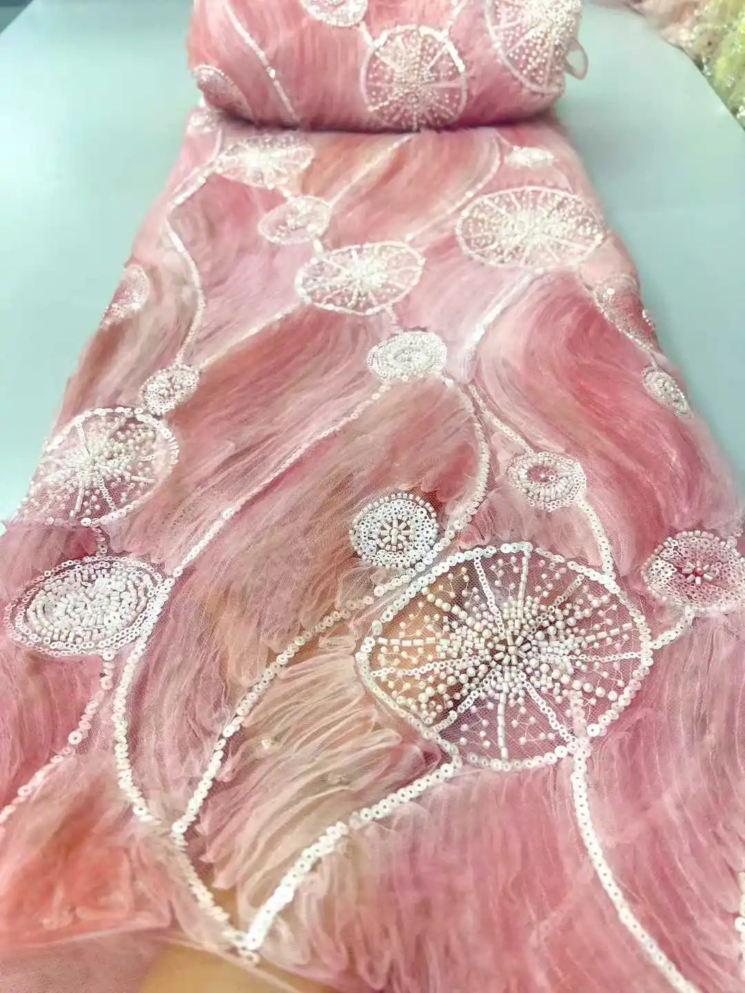 Tela de encaje de red de tul francés africano con cuentas de lentejuelas, tela de encaje africano bordado de 5 yardas, tela de encaje nigeriano para costura de vestido de fiesta