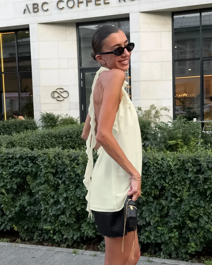 Cream Halter Top Women French Vintage Ruffle High Neck Sleeveless Blouse Elegant Office Chic Streetwear Summer Tops Blusas 2026