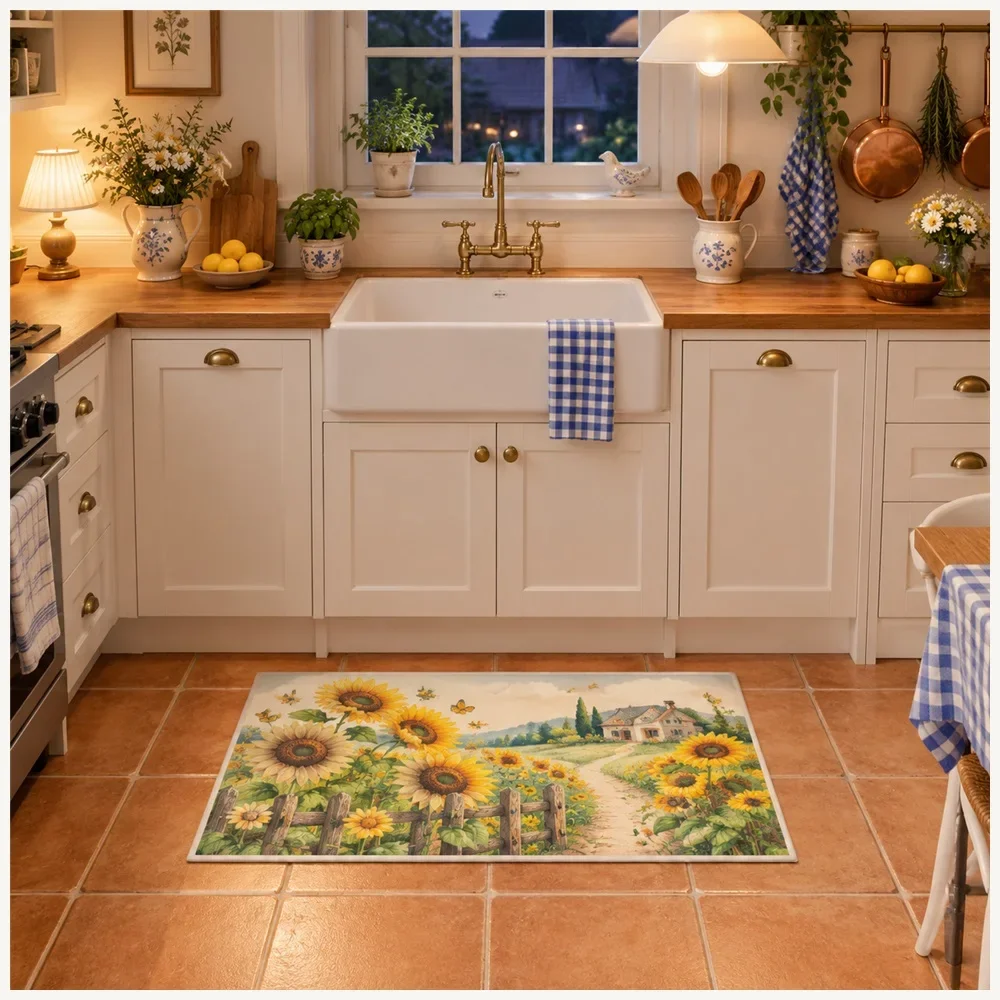 VIKAMA Sunflower Field Door Mat, Soft Touch Non Slip Flannel Rug, English Country Floor Mat for Kitchen, Utility Room