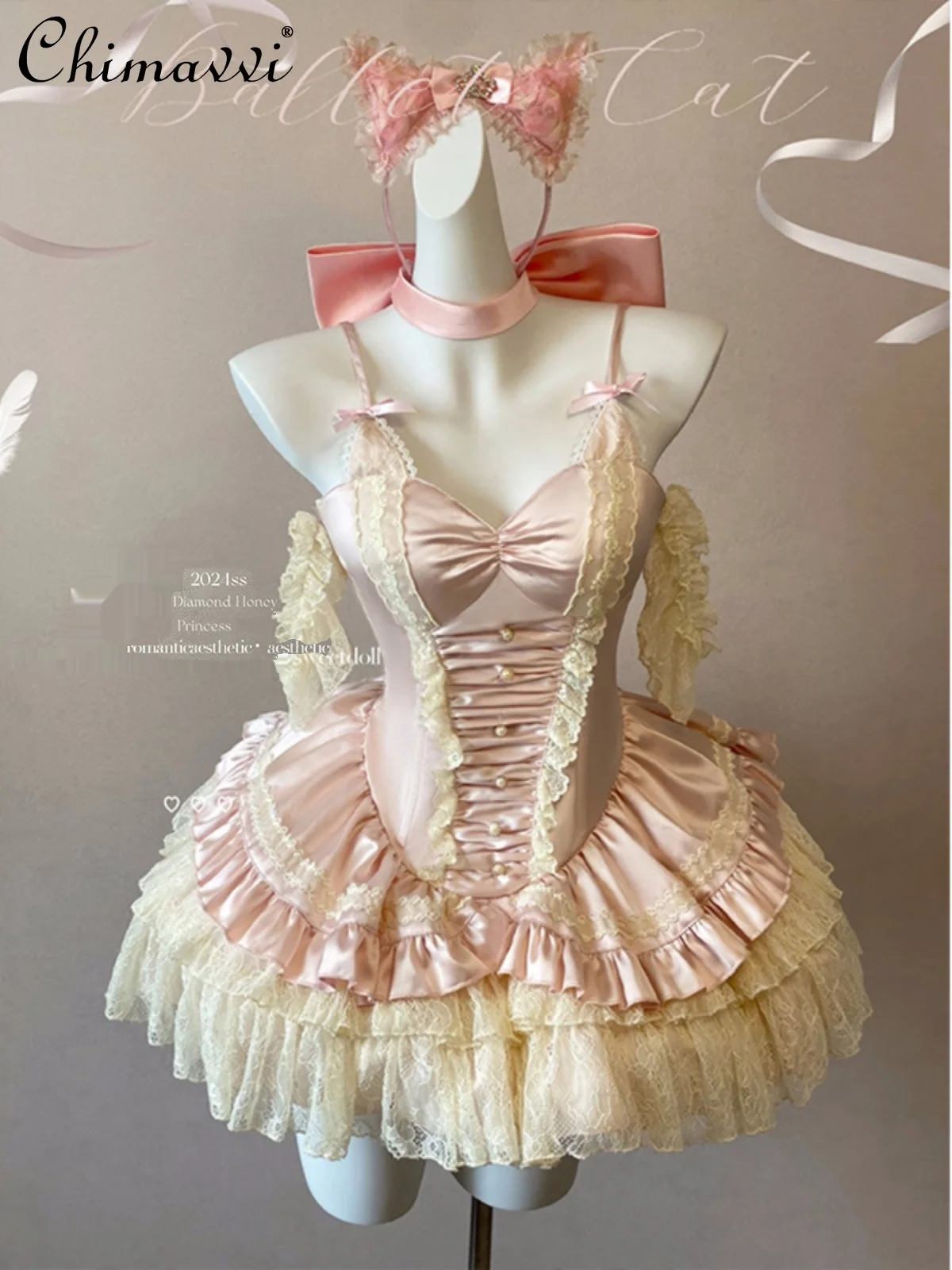 

Sweet Girls Ballet Style Romantic Lolita Jsk Dress Fashion Summer Women Cute Fairy Lace Pink Satin Short Sling Princess Dresses