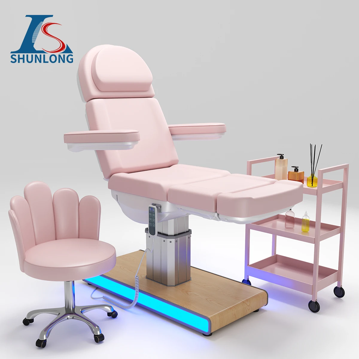 Electric Podiatry Chair Pink PU Wood Grain Base LED Ambient Light Reclining Pedicure Treatment Chair, Complete Set With Pink She