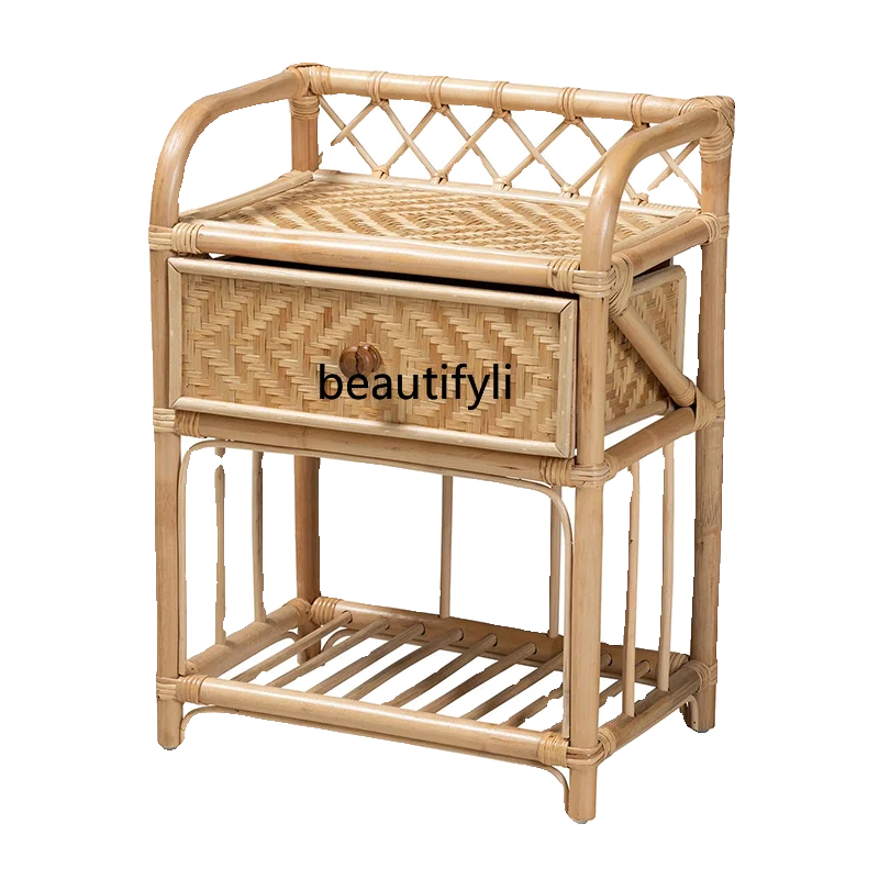 Rattan Bedside Table Low Cabinet Living Room Sofa Side Cabinet Wall Homestay Hotel Retro Natural Rattan Woven furniture