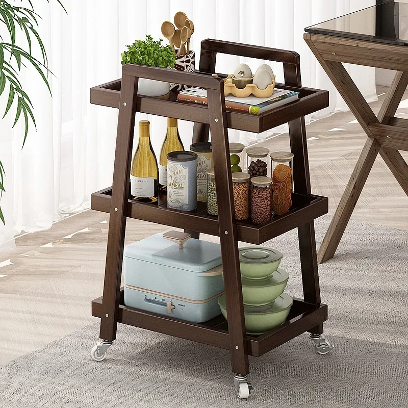 

Multilayer Pulley Storage Cart Natural Bamboo Snack Rack with Silent Wheels for Bedroom or Kitchen Furniture