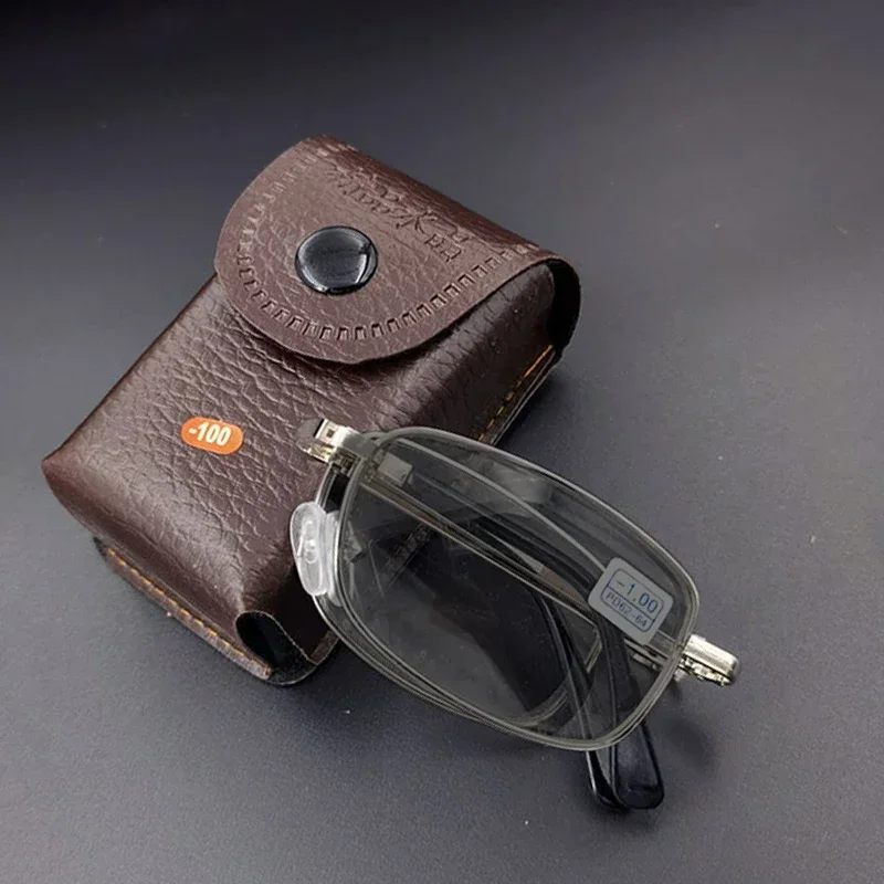 Photochromic Folding Myopia Glasses with Leather Box Portable Business Mens Myopia Eyeglasses Minus Diopter Glasses 0 To -4.0