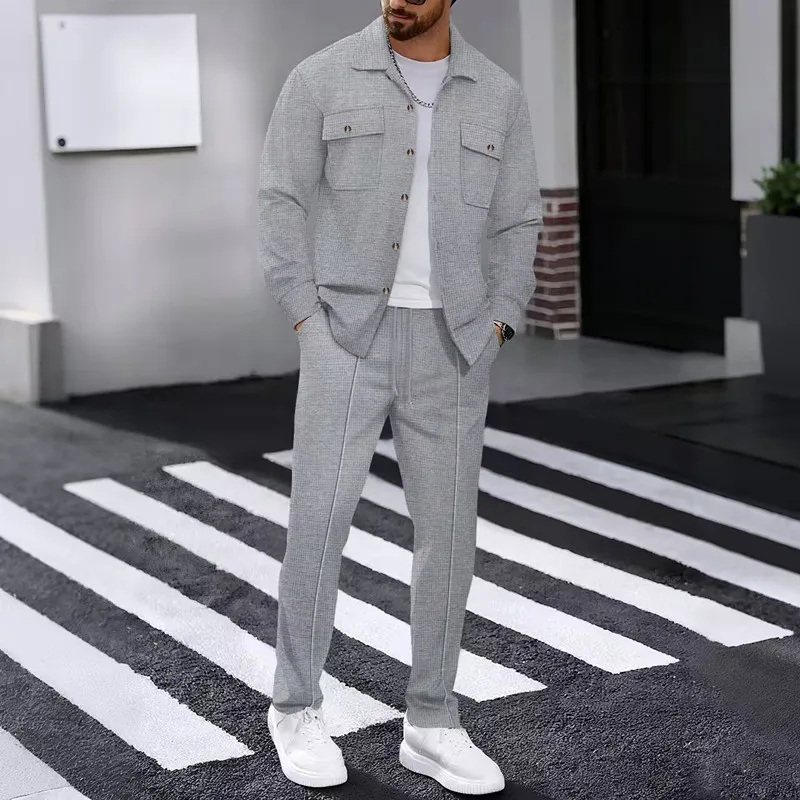 Men's Spring and Autumn Hot Style New Solid Color Button Pocket Shirt Long Sleeve Long Pants Two Piece Set - view 2