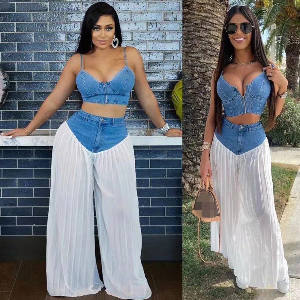 

Fashion Jean Patchwork Women Sets Denim Bralette Pleated Wide-Leg Pants Suit Summer 2025 Sexy Party Club 2 Two Piece Set Outfits