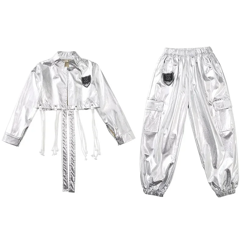Neues Hip-Hop-Kostüm für Kinder, silberne Jacke, Hose, langärmelig, Straßentanz-Outfits, Teenager, Mädchen, Jazz-Bühnenkleidung