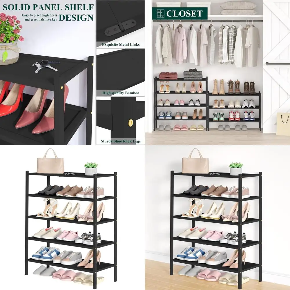 

5-уровневая штабелируемая полка-органайзер для обуви для прихожей и шкафа, отдельно стоящая полка для хранения обуви, сумок и растений, черная