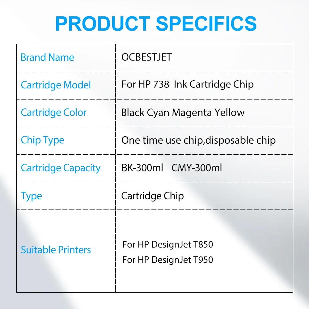 For HP 738 738XL Ink Cartridge Chip HP738 XL Chip 300ml For Hp T850 T950 Printer New Upgrade MBK C M Y One Time Chip