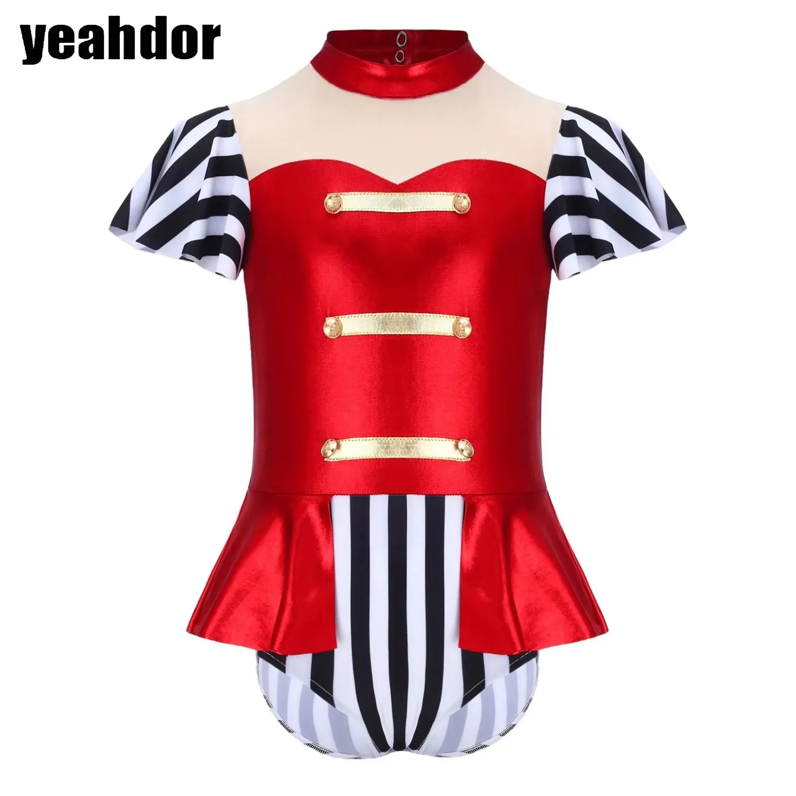 

Girls Circus Costume Ringmaster Jumpsuit Mock Neck Short Sleeve Metallic Ruffle Leotard Bodysuit Halloween Lion Tamer Cosplay