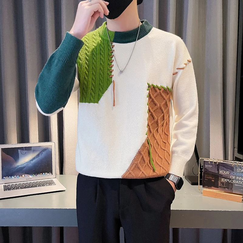 الخريف الشتاء تقسم سترة الرجال سليم صالح نصف عالية الرقبة طويلة الأكمام محبوك البلوزات الأعمال عادية تريكو قاعدة قميص #2