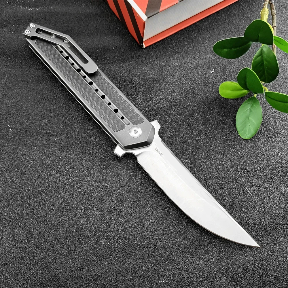 Outdoor Folding Knife D2 Drop Point Blade Titanium Inlay Carbon Fiber Handle Survival Portable Knife Edc Multitool Tools