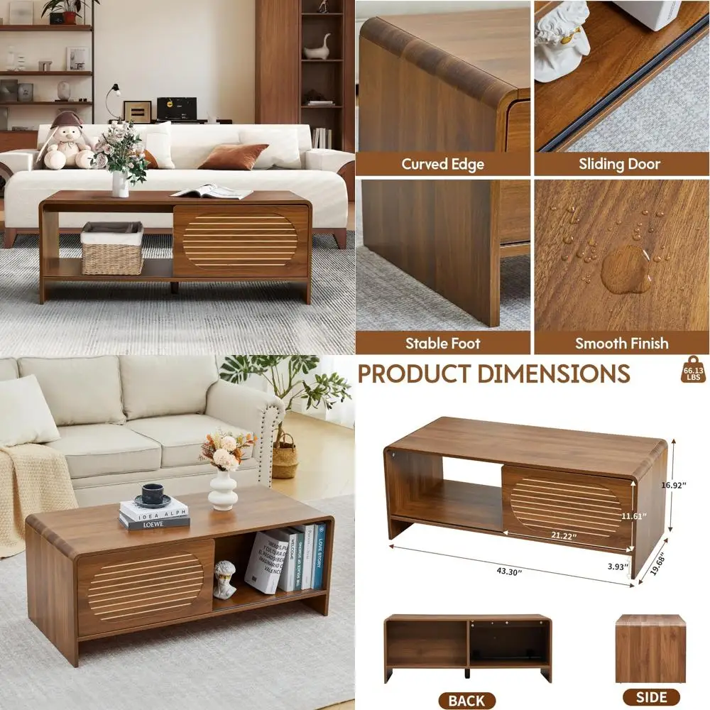 

Mid Century Modern Storage Coffee Table, Curved Wood Sliding Door, Farmhouse Style Centerpiece