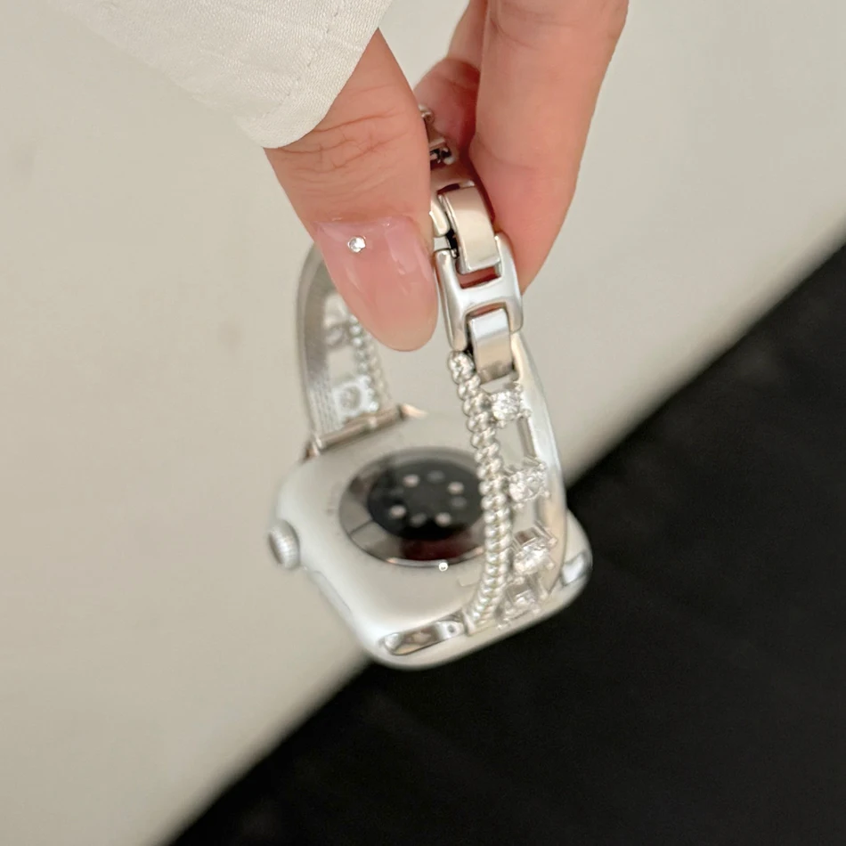 Apple Watch 38mm, 40mm, 41mm, 42mm, 44mm, 45mm, 46mm, 49mm 밴드용 3A 지르콘 구리 금속 스트랩 iWatch 시리즈 10, 9, 8, 7, 6, 5, 4, 3, 2 SE 울트라 럭셔리 여성용 쥬얼리 팔찌