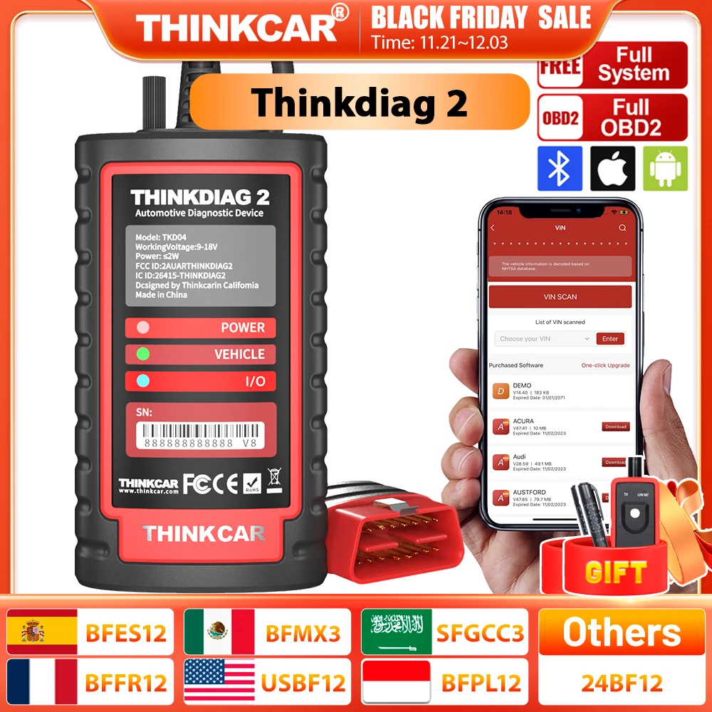 THINKCAR Thinkdiag 2 OBD2 Scanner Support CAN FD Protocols Fit For GM Car Brands Free Full Softwares 16 Reset Functions ECU Code