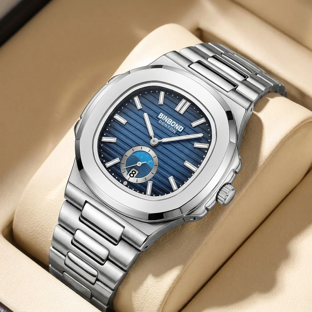 1pcs Trendy Men's Watch Silver Metal Strap Blue Dial Moon Phase Date Display Stylish Casual Daily Wristwatch