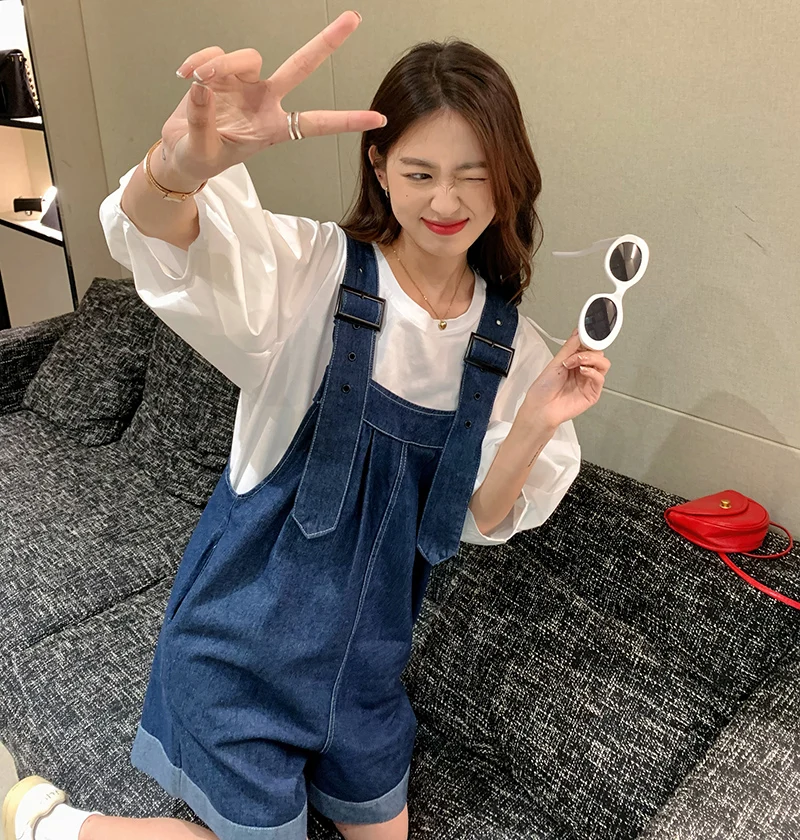 

High Waist Wide Leg Short Jeans Overalls Women's Summer New Style Loose Fit Trousers with Cuffed Hemline Hip Concealing