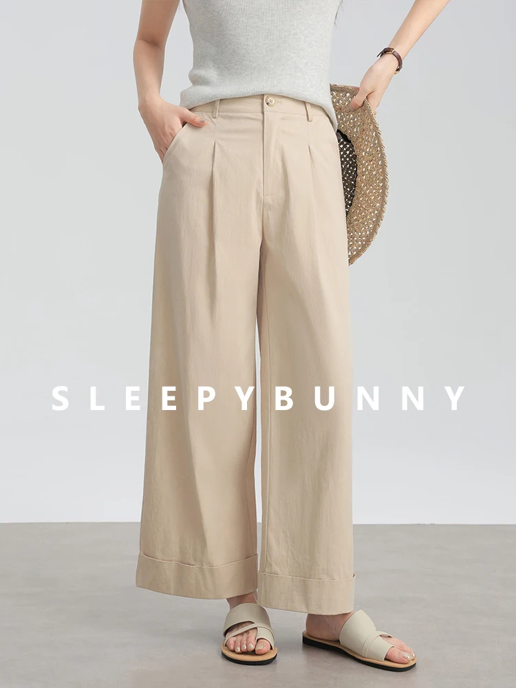 High Waist Wide Leg Cropped Pants – Summer Lightweight Textured Trousers with Pleated Front and Turn-Up Hem, Casual Loose Fit