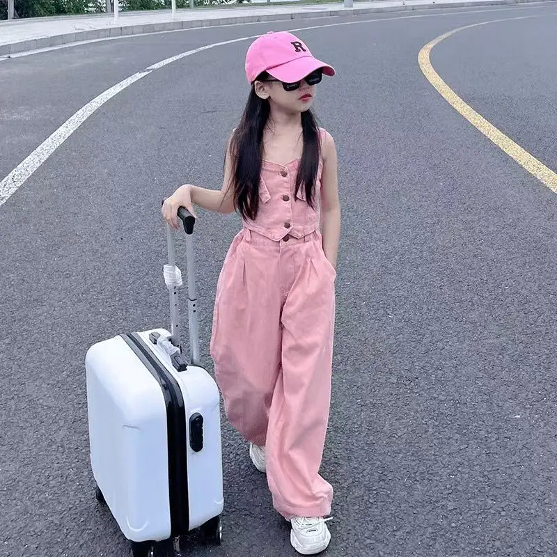 2026 New Fashion Girls Summer Outfit Kids Stylish Denim Top Wide Leg Pants 2 PCS Children Casual Clothing 110-160CM