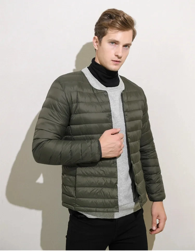 Chaqueta de plumón con forro para hombre, abrigo ligero y plegable con cuello redondo, cuello en V variable, nuevo estilo, invierno, 2023