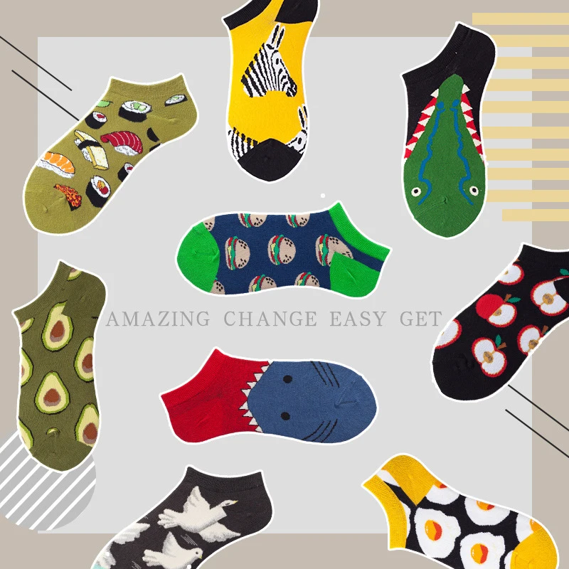 1 Pair Funny Fashion Colorful Cotton Mens Socks Harajuku Stripe Art Oil Painting Animal Print Beer Fries Funny Happy Ankle Socks