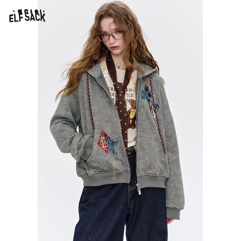 ELFSACK Zip Up Hooded Jacket with Cartoon Embroidery, Vintage Cropped Outerwear for Daily Wear