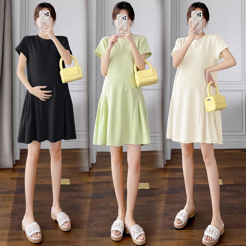 

2024 Summer Maternity Mini Dress Short Sleeve O-neck Solid Color Side Pleated Pregnant Woman Dress Short Pregnancy Clothing