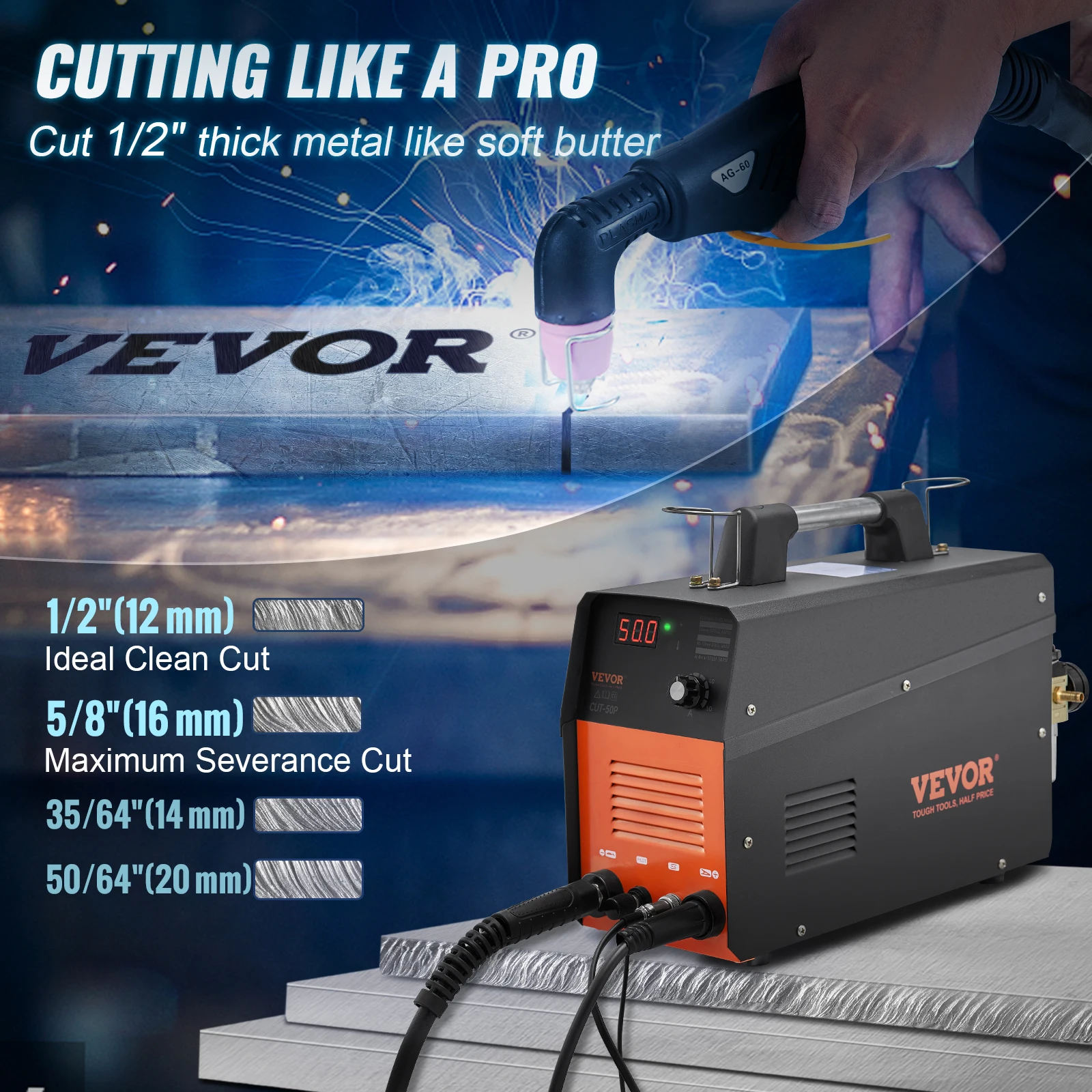 VEVOR Plasma Cutter 50Amp Non-Touch Pilot Arc Air Cutting Machine 110V/220V Dual Voltage AC IGBT for Cut Copper Stainless Steel