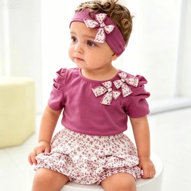 Summer Baby Sets Short Sleeve T-shirt Shorts Hairband 3pcs Sets Kids Girls Clothing Print