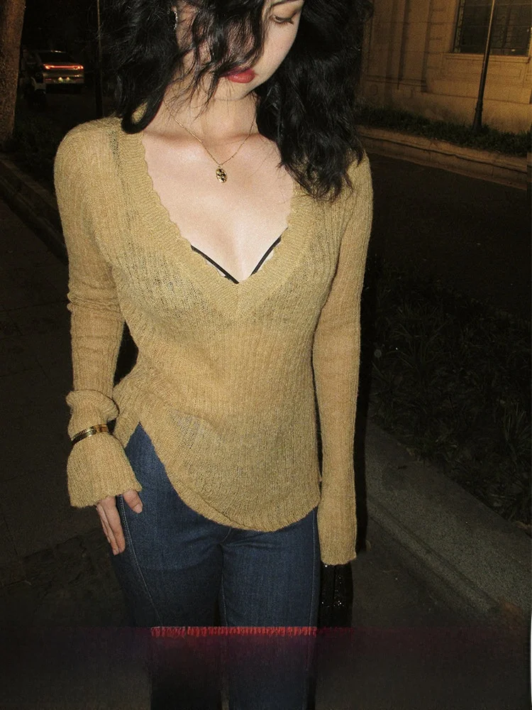 

Itsnikar Women's Knitted Aosphere Sensation Base Layer irt Exterior Wear Design Slim Fit Top Street Sle Hollow out Long...