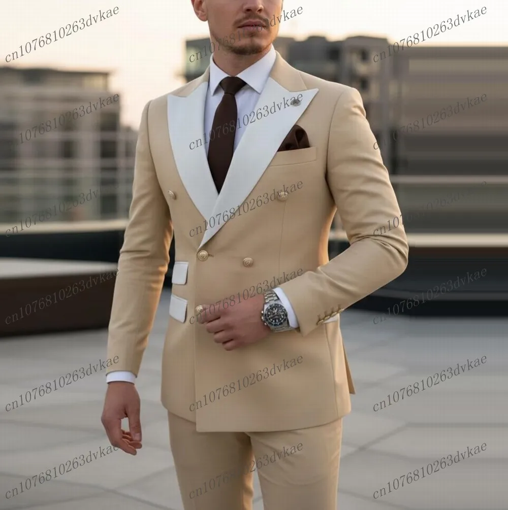 

White And Champagne Men Suit Wedding Party Formal Occasion Groom Groomsman Prom Business Male Tuxedos 2 Piece Set Jacket Pants