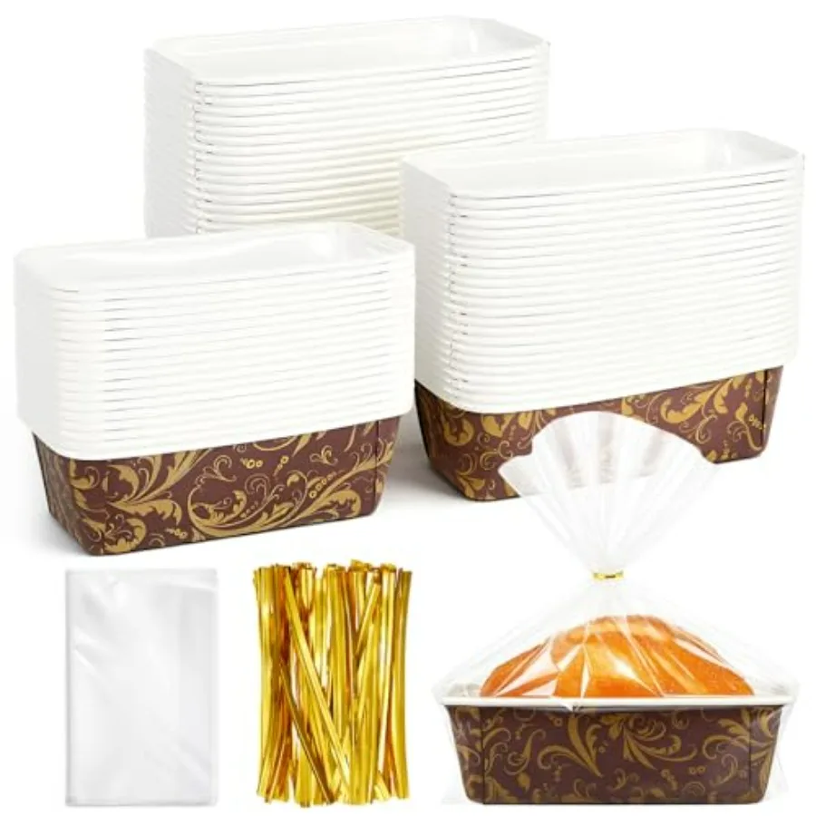 

50 Sets Disposable Paper Loaf Pans 7.87 x 3.15 x 2.76 Inch Rectangle Baking Molds for Cake Bread Sweets with Clear Plastic Bags