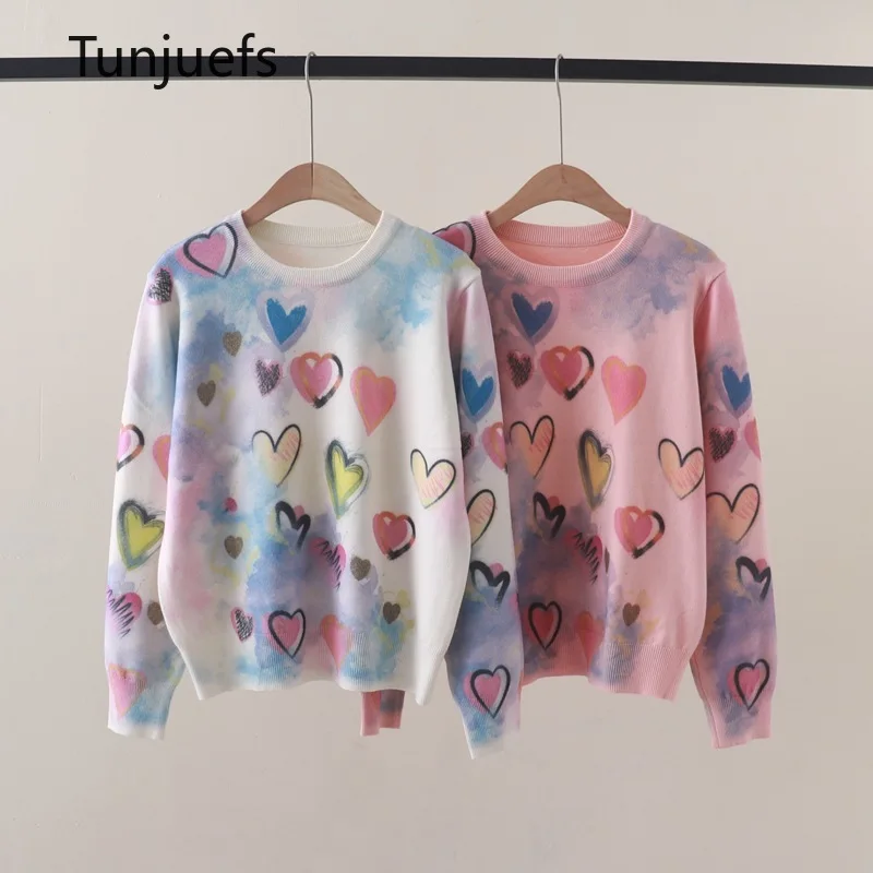 Heart Print Women Sweater Korean Y2k Style Women's Clothes Harajuku Pullover Wool Knit Tops Casual Knitwear Jumper Pull Femme