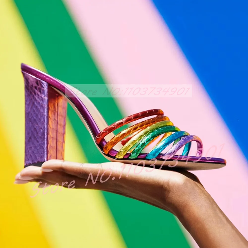 Pink Metallic Open Toe Block Heel Mules Women Rainbow Strap Snakeskin 10cm High Heels Mules Sexy Feminine Slip On Slippers