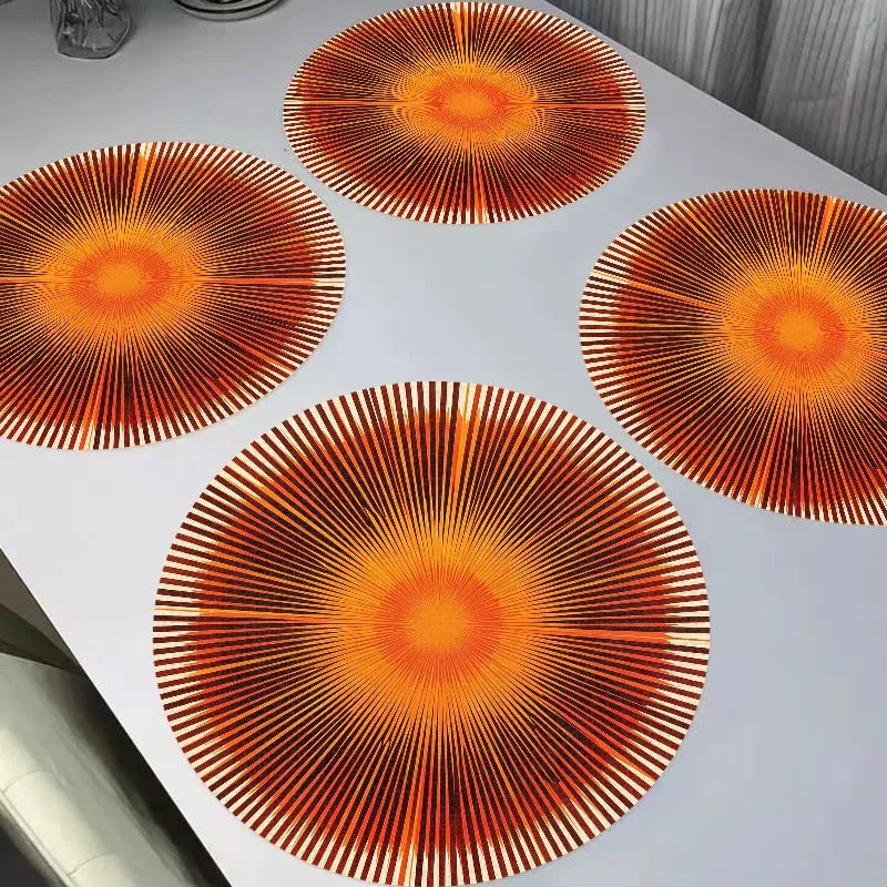VIKAMA Caramel Orange Retro Sun Radiant Lines Round Linen Table Mat Thermal Insulation Wear resistant Table Mat Table Decor