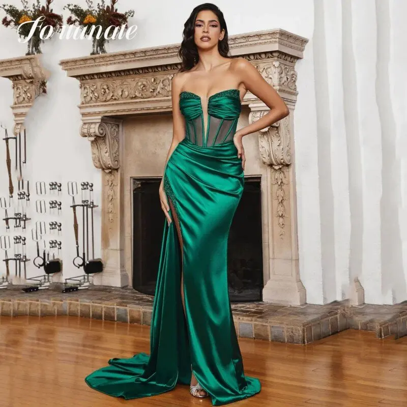 Customized Mermaid Strapless Prom Dress Women 2025 Graduation Party Homecoming Satin Side Split Backless Vestidos De Noche