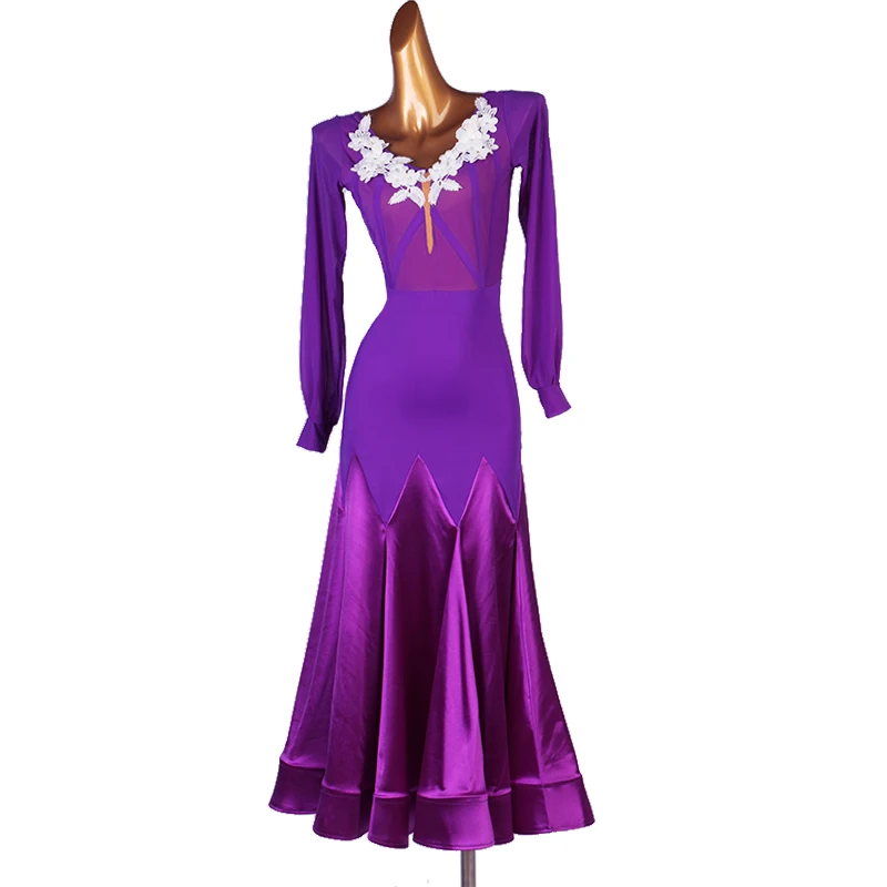 Adult Ballroom Competition Dance Dresses Lady's Purple Long Sleeve Dance Skirt Women Tango Waltz Ballroom Dancing Dress