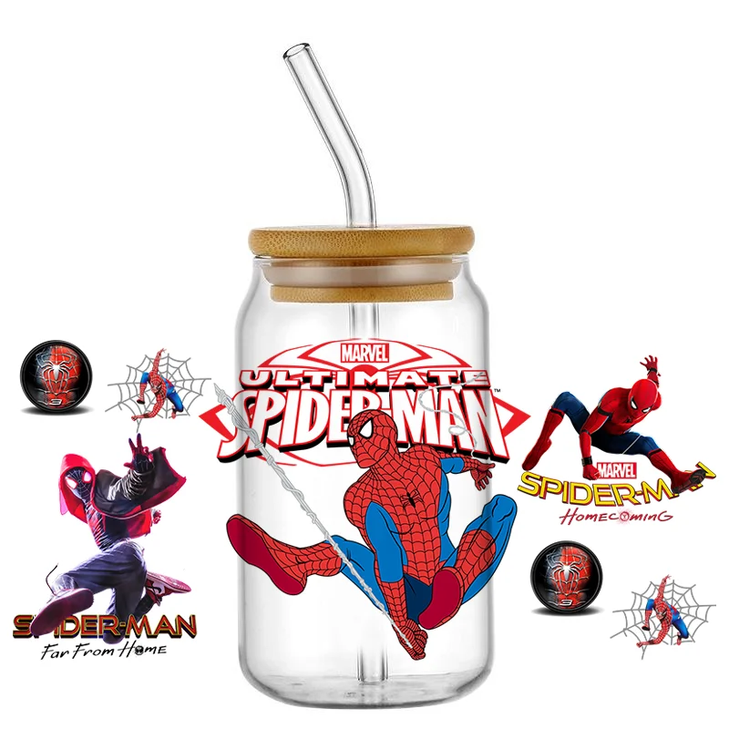 Miniso تصميم جديد الرجل العنكبوت أبطال السوبر UV DTF ملصق مائي ل 16 أوقية Libbey الزجاج يمكن كوب uvdtf القهوة سيارة ثلاثية الأبعاد ملصق DIY بها بنفسك