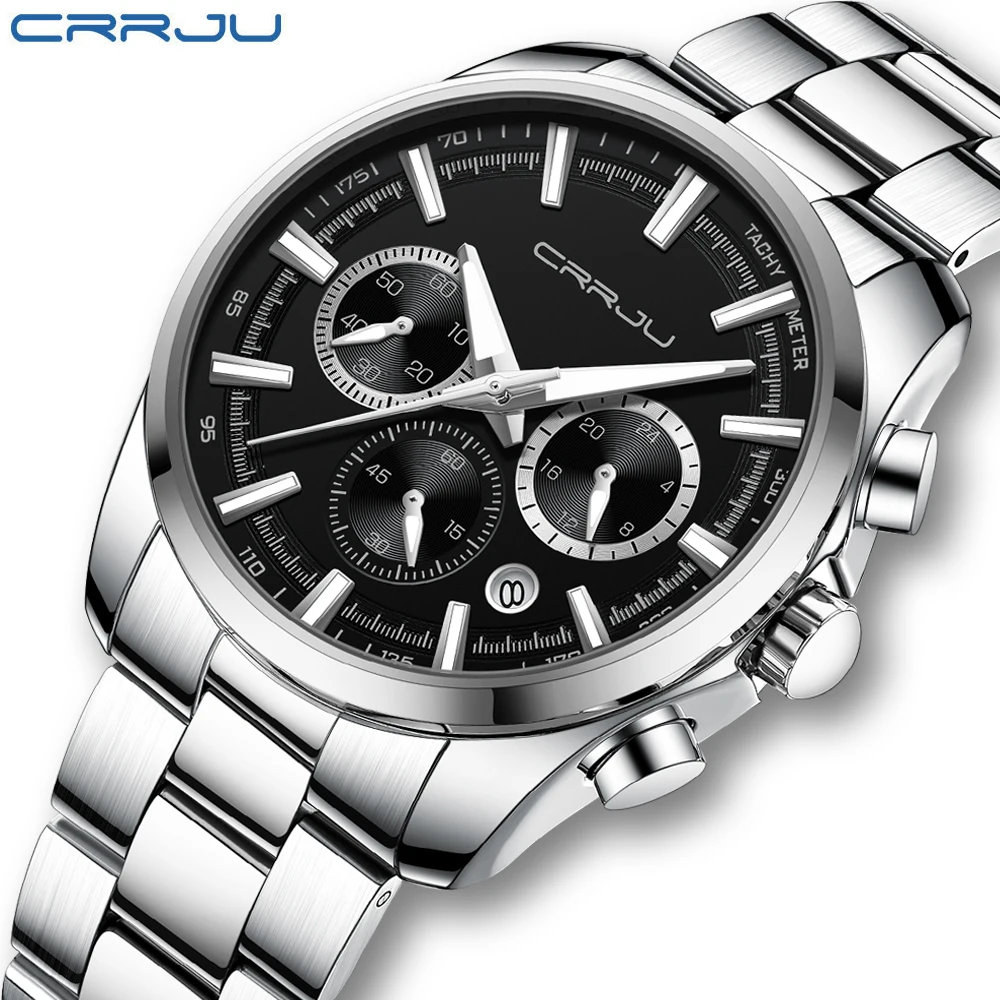 CRRJU Watch for Men Analog Chronograph Quartz Watch Show Date Stainless Steel Strap, Formal and Casual Mens Watches Waterproof